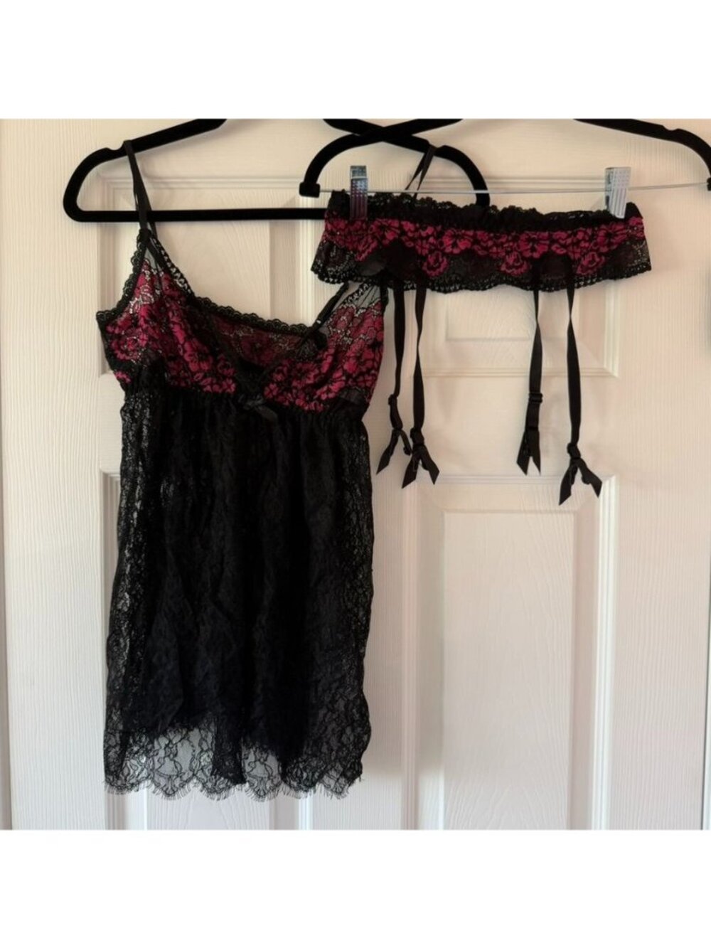 Hanky Panky Sheer Lace Black Pink Lingerie Babydoll Chemise Garter Belt Size Sma